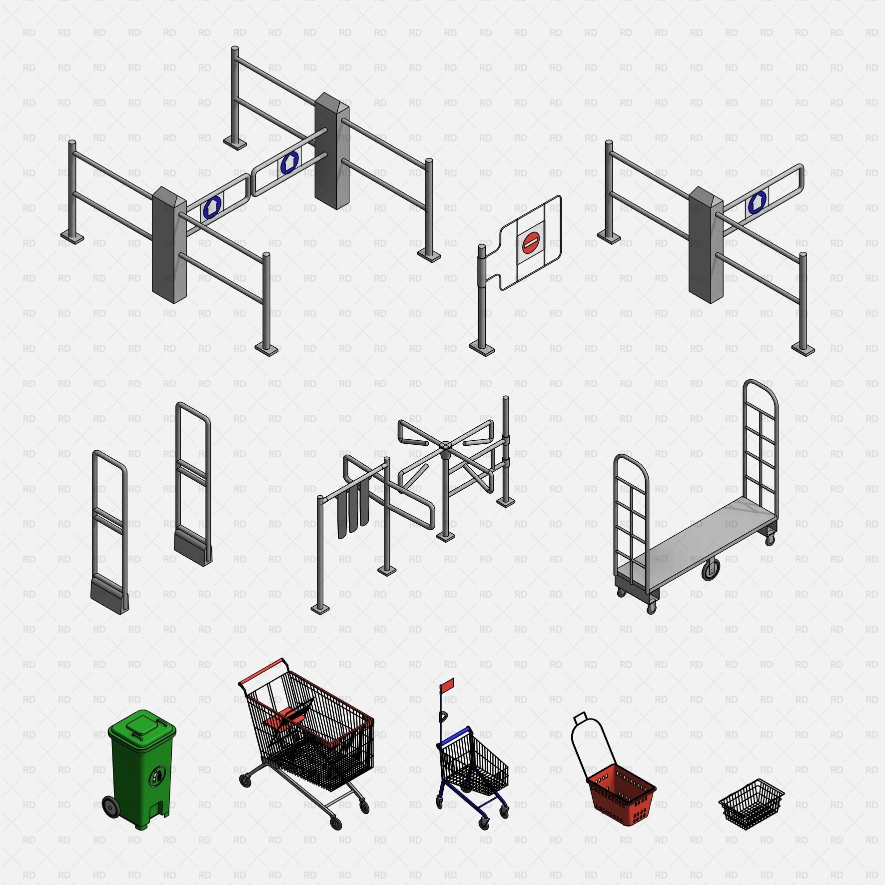 Revit Supermarket and Grocery Store Equipment Families download 2020 entrance security gate turnstile eas system shopping cart 