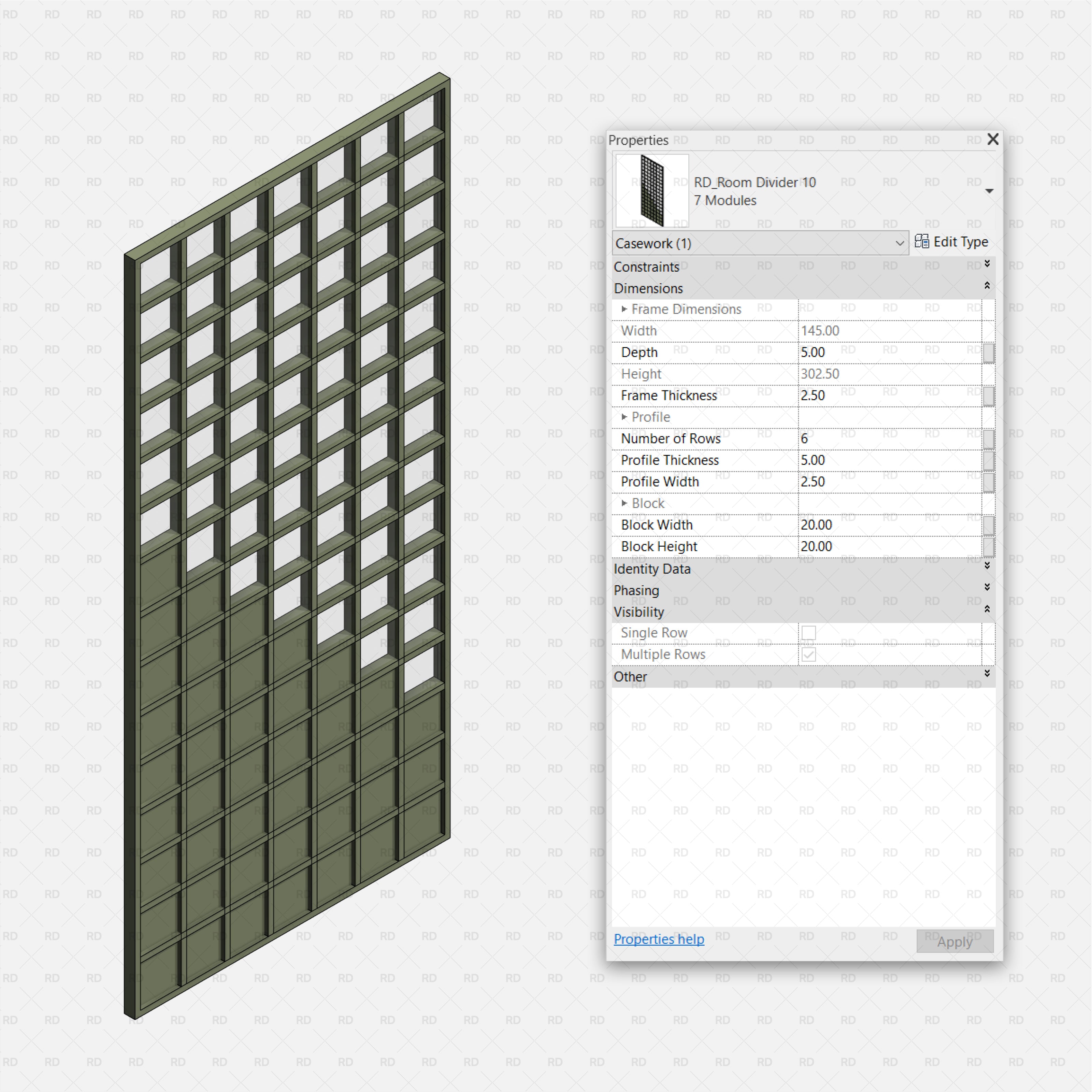 Green Wall Partition with Metal Grid Frame glass frosted revit family