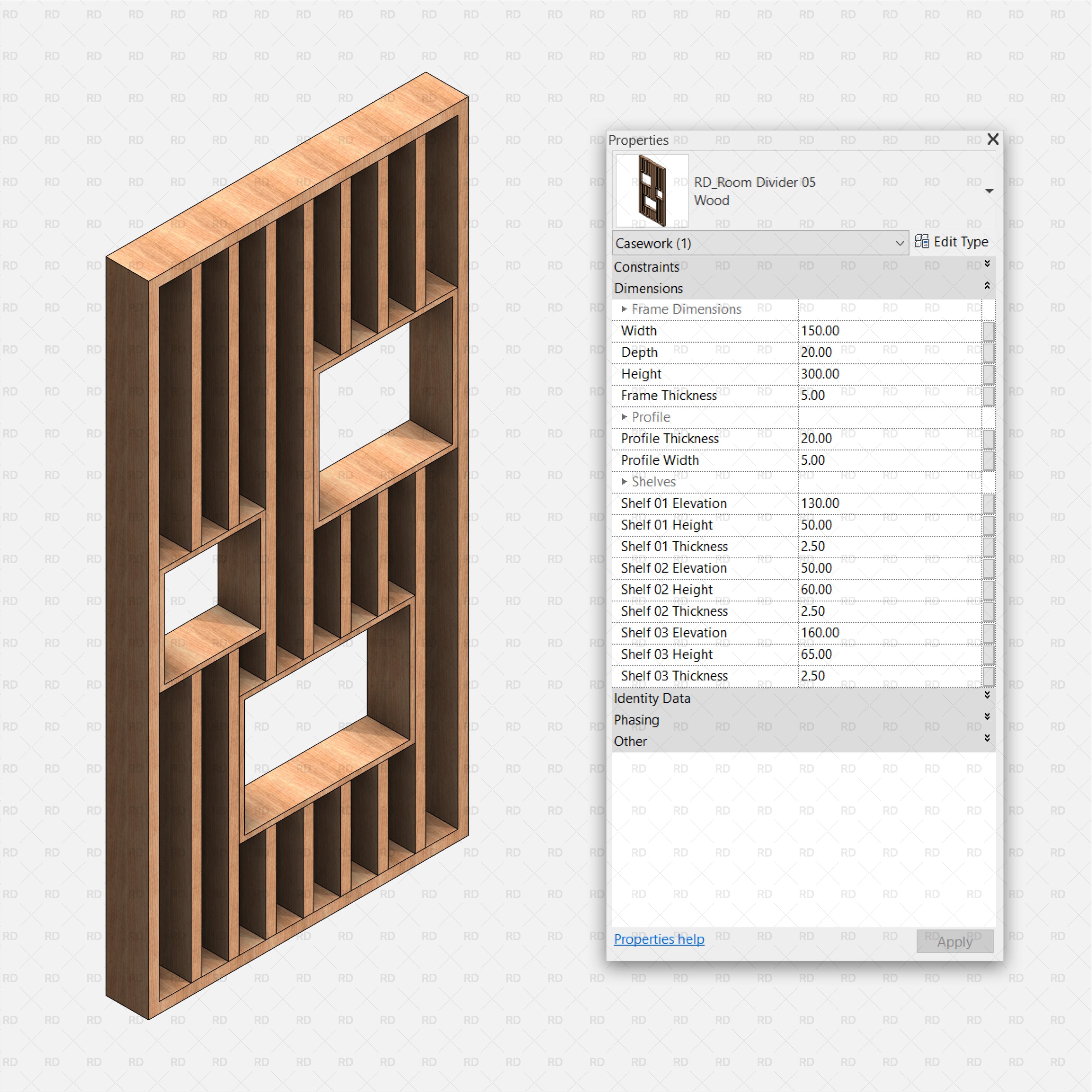 vertical slates partition wall with shlves revit family 